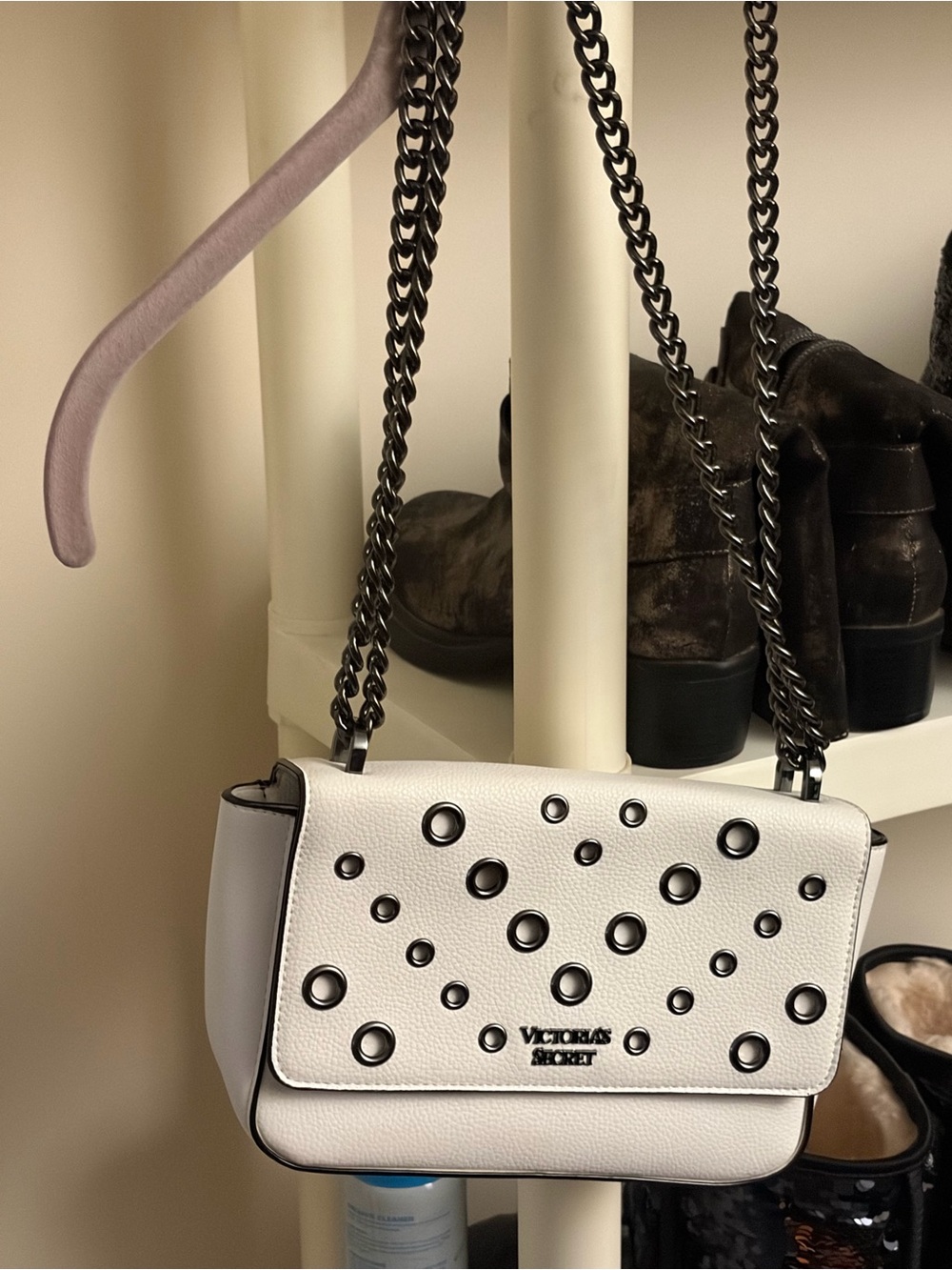 Victoria's Secret White Crossbody with Black Grommet Accents